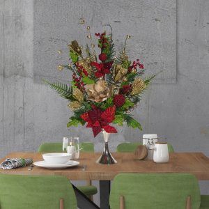 ARREGLO FLORAL NAVIDEÑO ESQUINERO  CARDENAL CON LENTEJUELA, ORQUIDEA DORADO Y FRUTAS